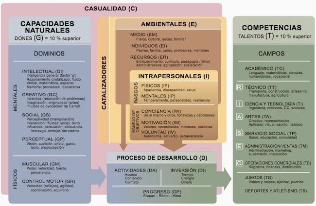 Última versión del modelo diferenciado de dotación y talento de Françoys Gagné, que aparece en el artículo de los genes al talento del monográfico 368 de la Revista de Educación Modelo diferenciado de dotación y talento