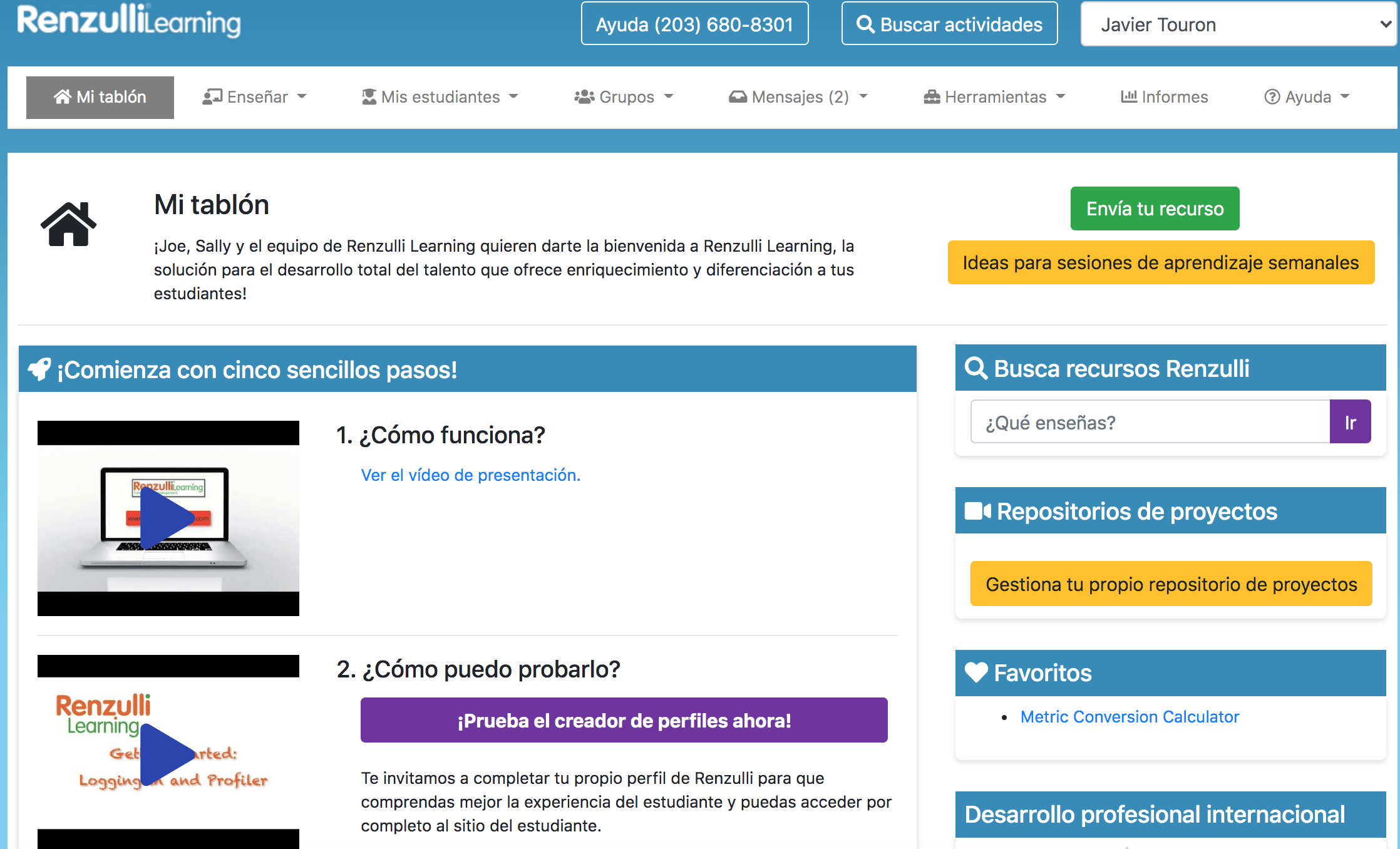 Renzulli Learning cuadro de mando para profesores